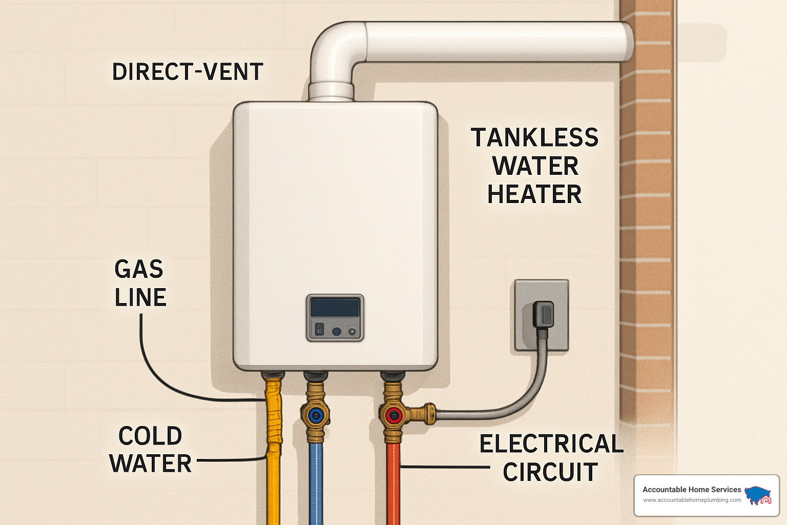 Complete tankless water heater hookup layout showing gas line connections, water supply lines, electrical circuit, and direct-vent system - tankless water heater hookup
