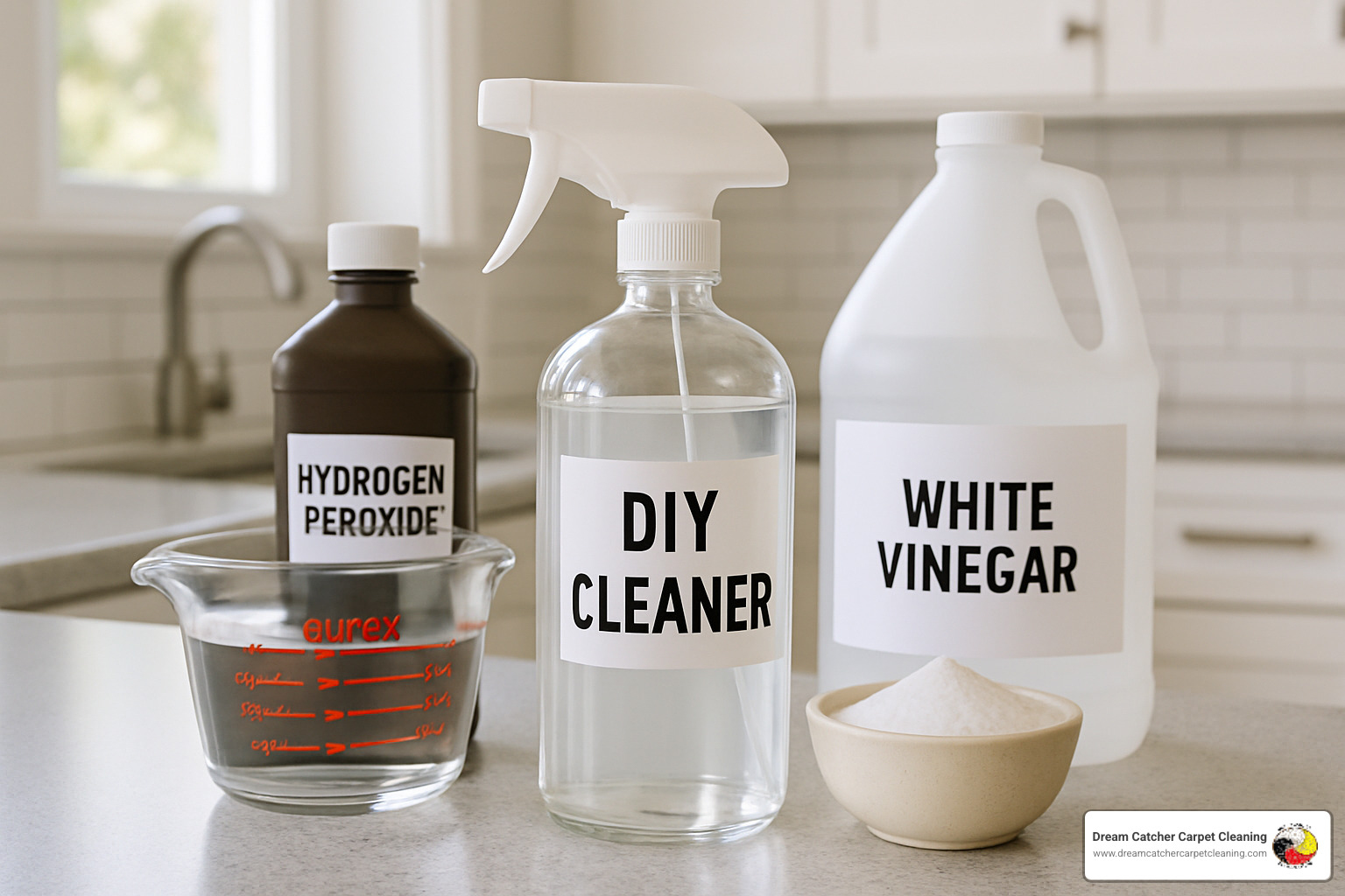DIY spray bottle with natural cleaning solution ingredients - natural pet stain remover carpet cleaner