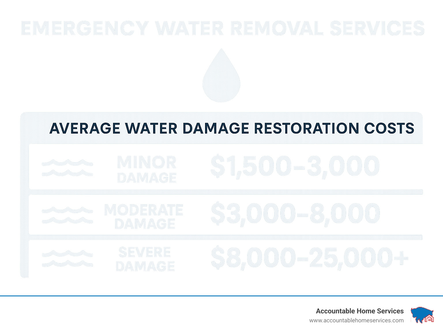 Infographic showing average water damage restoration costs: minor damage $1,500-3,000, moderate damage $3,000-8,000, severe damage $8,000-25,000+ - Emergency water removal services infographic 
