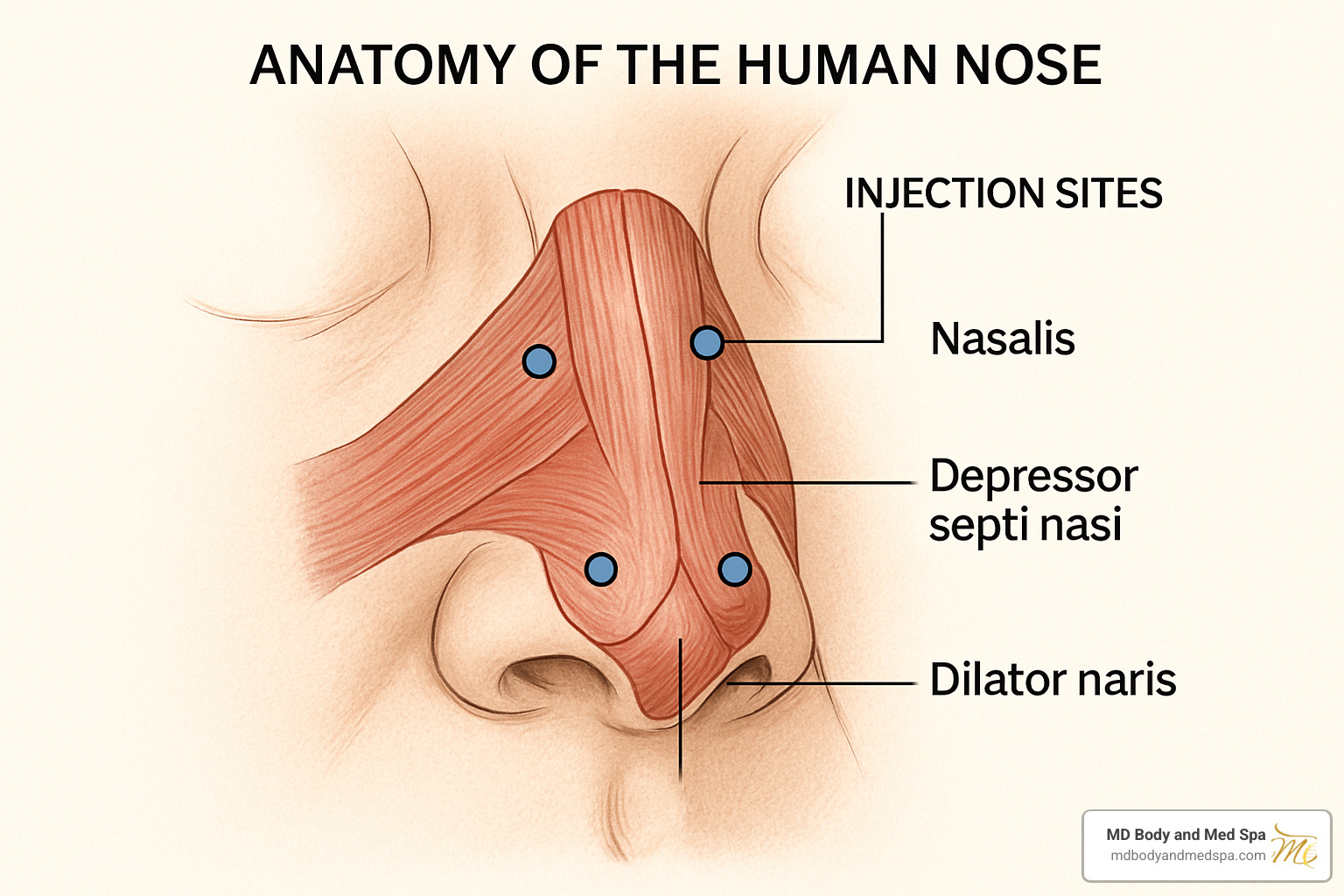 detailed anatomy showing injection sites for nose botox treatment areas - nose botox cost