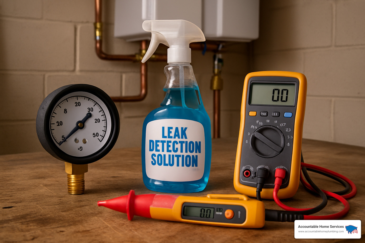 Safety testing equipment including pressure gauges, leak detection solution, and electrical testing tools for tankless water heater hookup - tankless water heater hookup