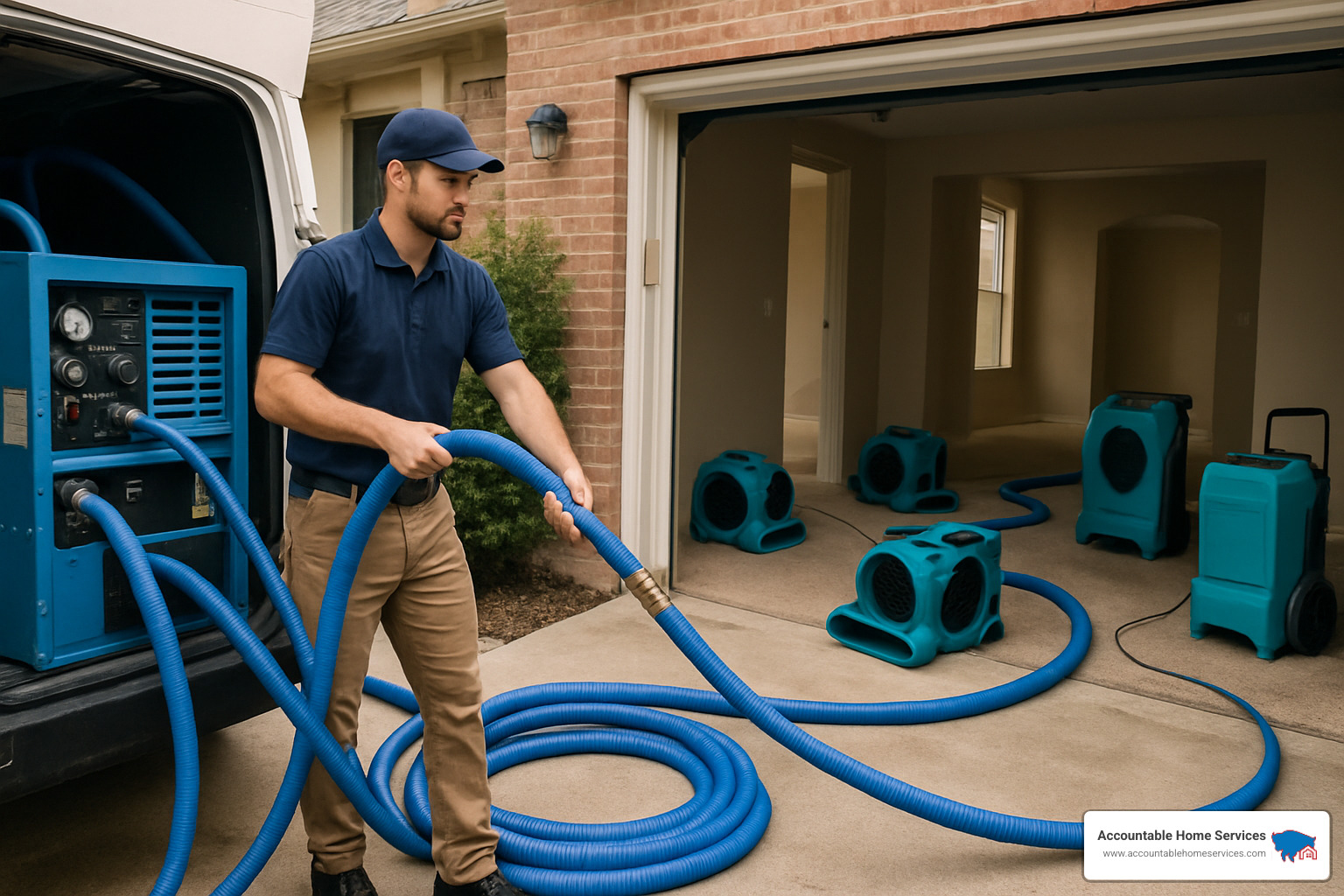 Professional water extraction equipment including truck-mounted units and air movers - Emergency water removal services