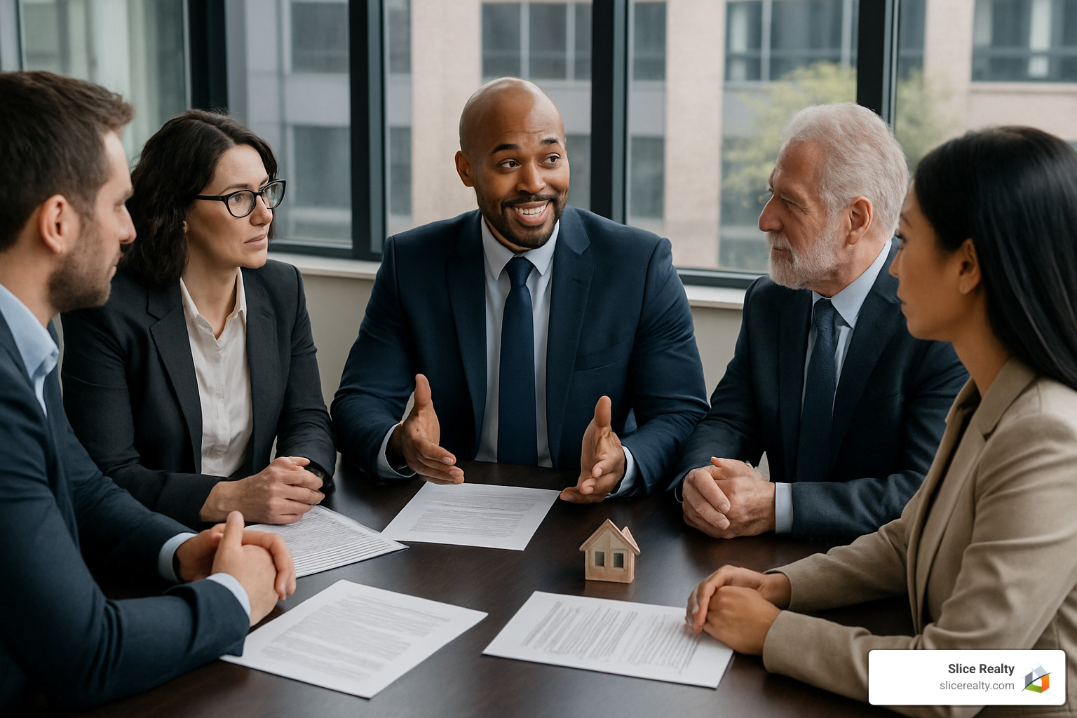 Real estate agent actively negotiating an offer with buyers and sellers at a conference table - Discount real estate agent