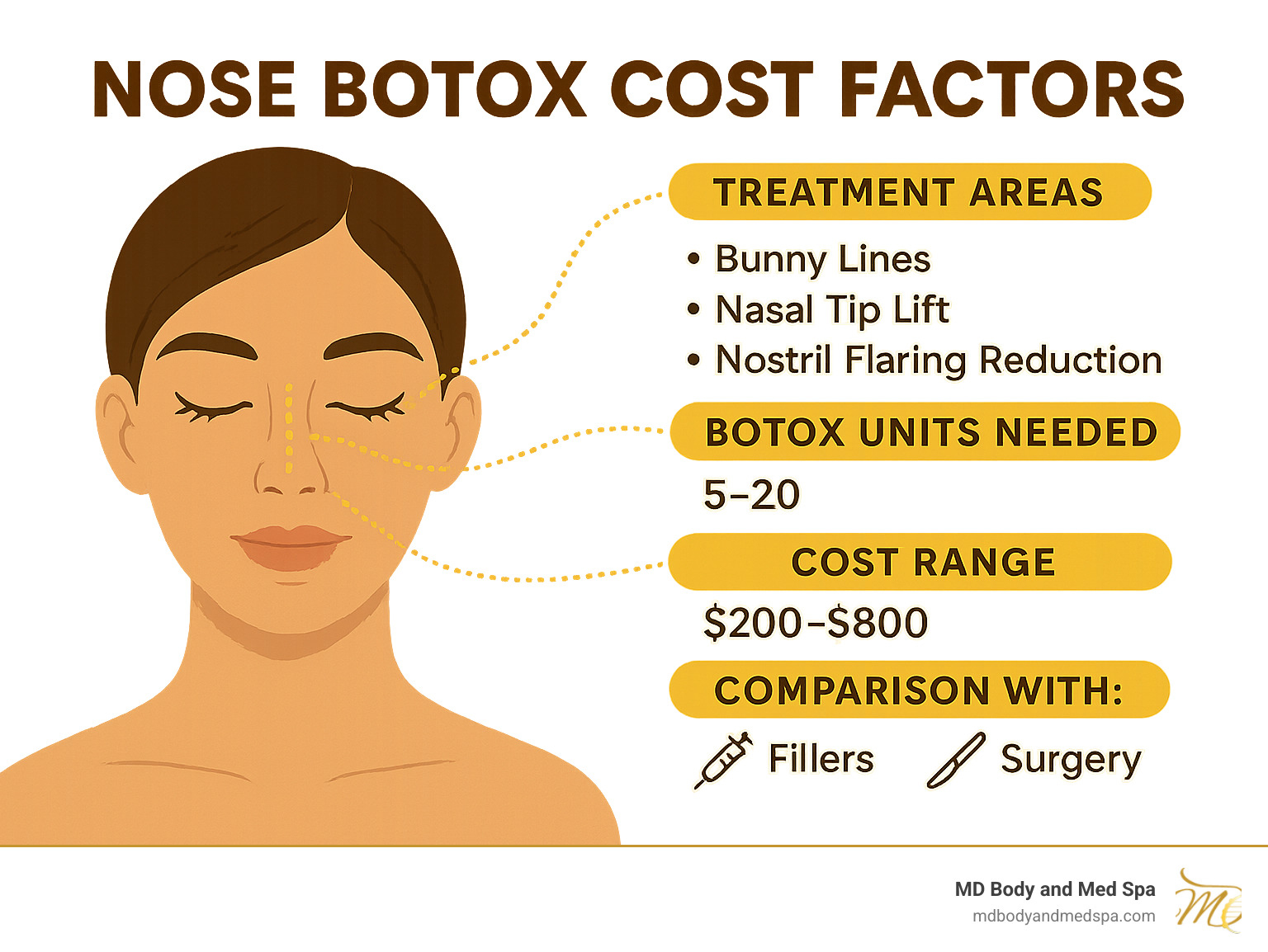 Detailed breakdown of nose botox cost factors including treatment areas, unit requirements, pricing ranges, and comparison with alternative procedures like fillers and surgery - nose botox cost infographic 
