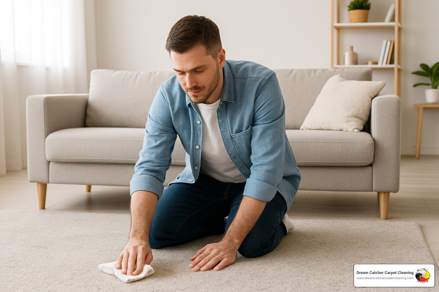 homeowner blotting carpet spill with clean cloth - green and clean carpet cleaning