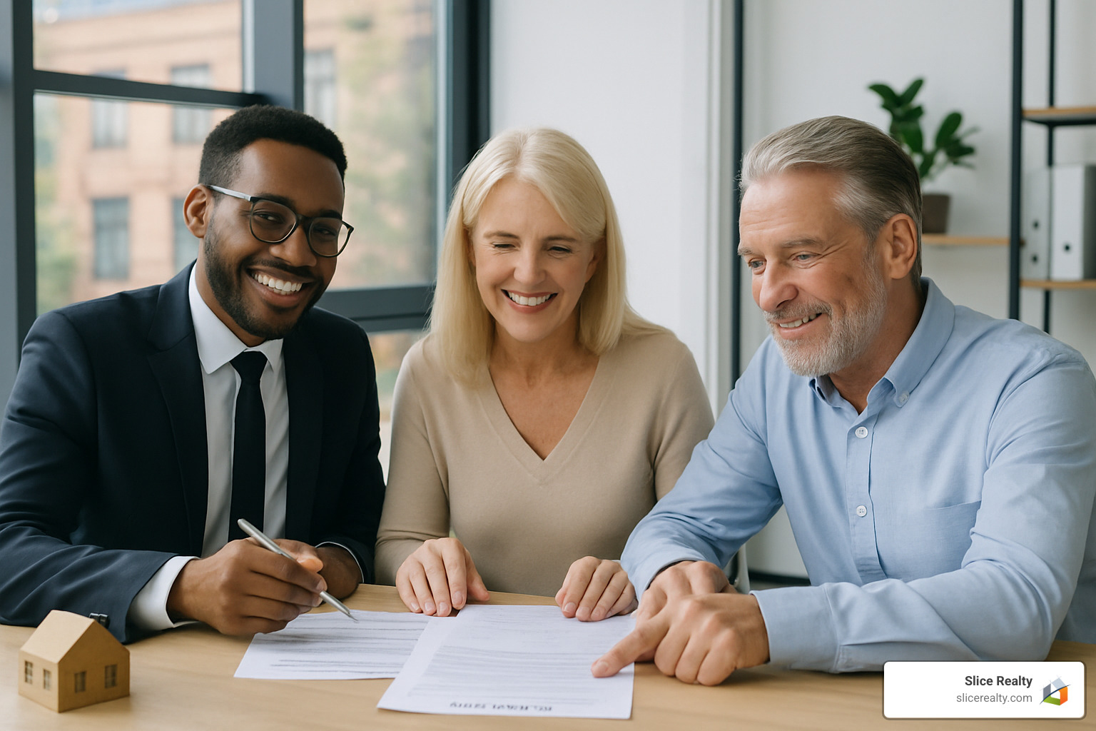 Professional real estate agent reviewing contracts and documents with clients - Discount real estate agent