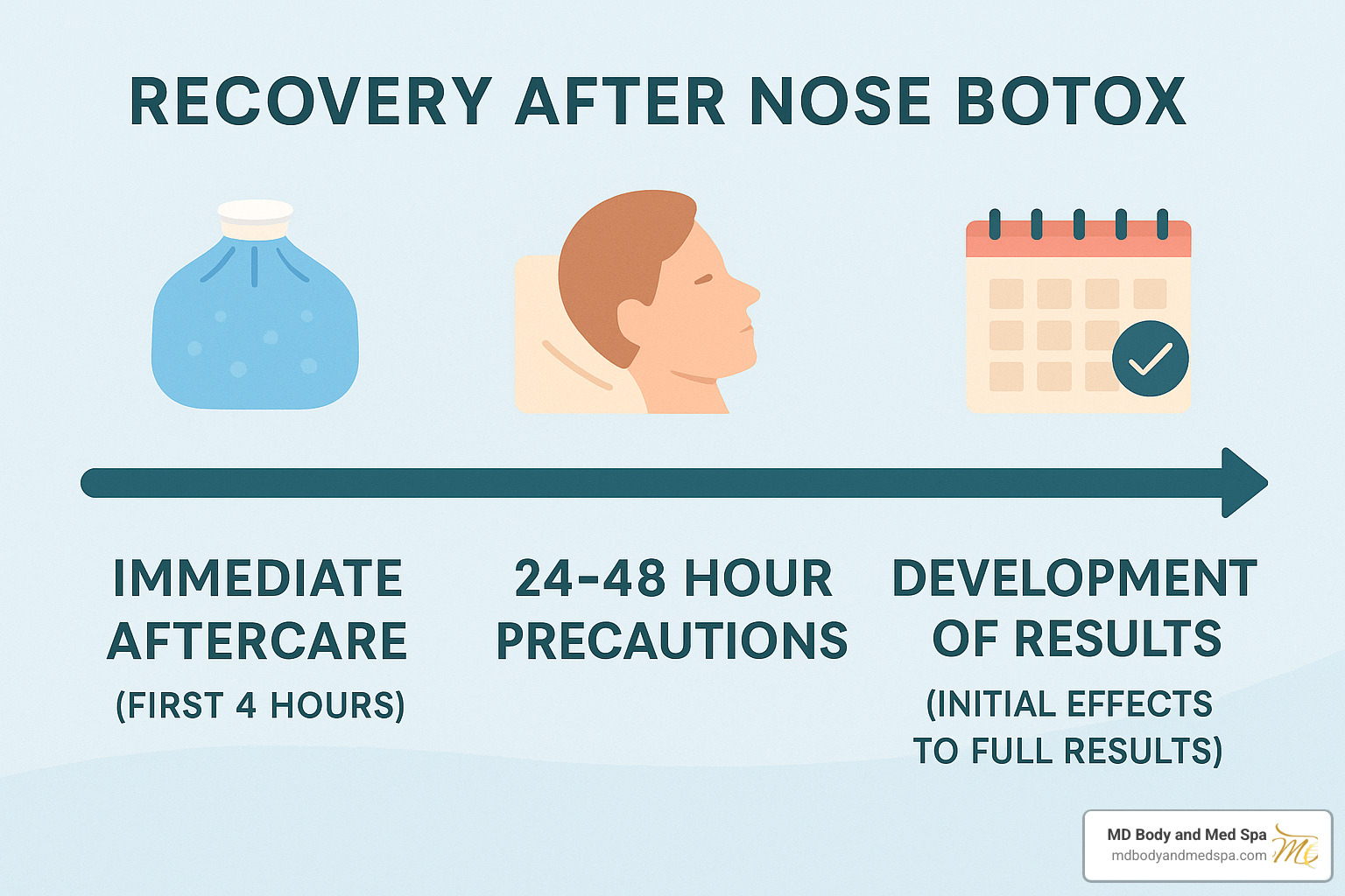timeline showing recovery phases from nose botox treatment including immediate care, 24-hour precautions, and result development - nose botox cost