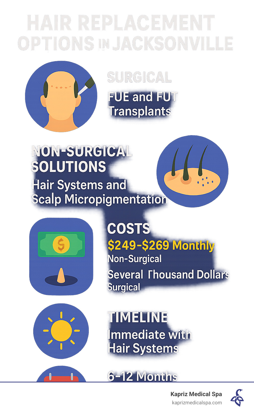 Comprehensive breakdown of hair replacement options available in Jacksonville FL, including surgical procedures like FUE and FUT transplants, non-surgical solutions like hair systems and scalp micropigmentation, costs ranging from $249-$269 monthly for non-surgical to several thousand for surgical options, and timeline expectations from immediate results with hair systems to 6-12 months for transplant growth - hair replacement jacksonville fl infographic