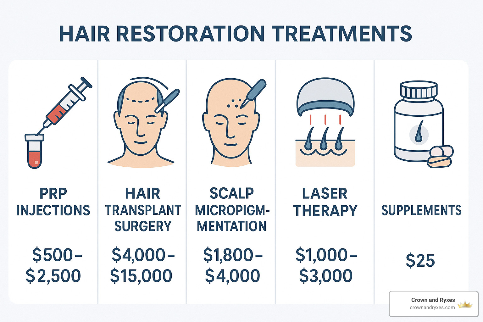 Comparison chart showing different hair restoration treatment options and their costs - prp injection cost hair