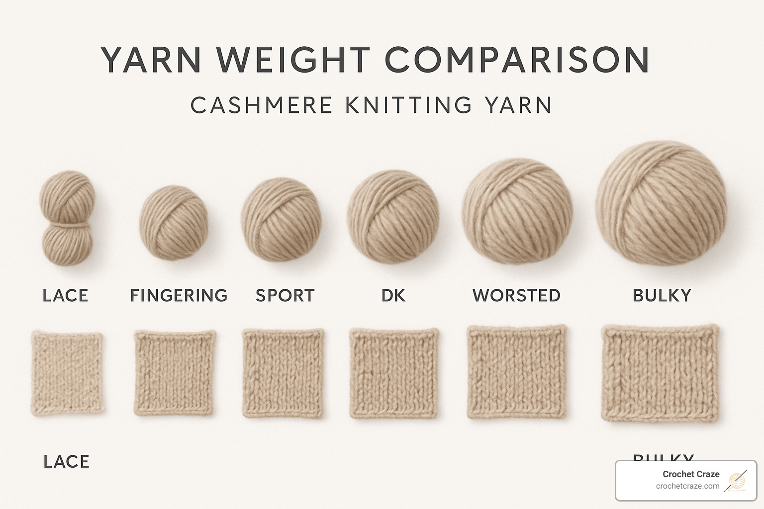 yarn weight comparison chart showing different cashmere yarn weights from lace to bulky - cashmere knitting yarn