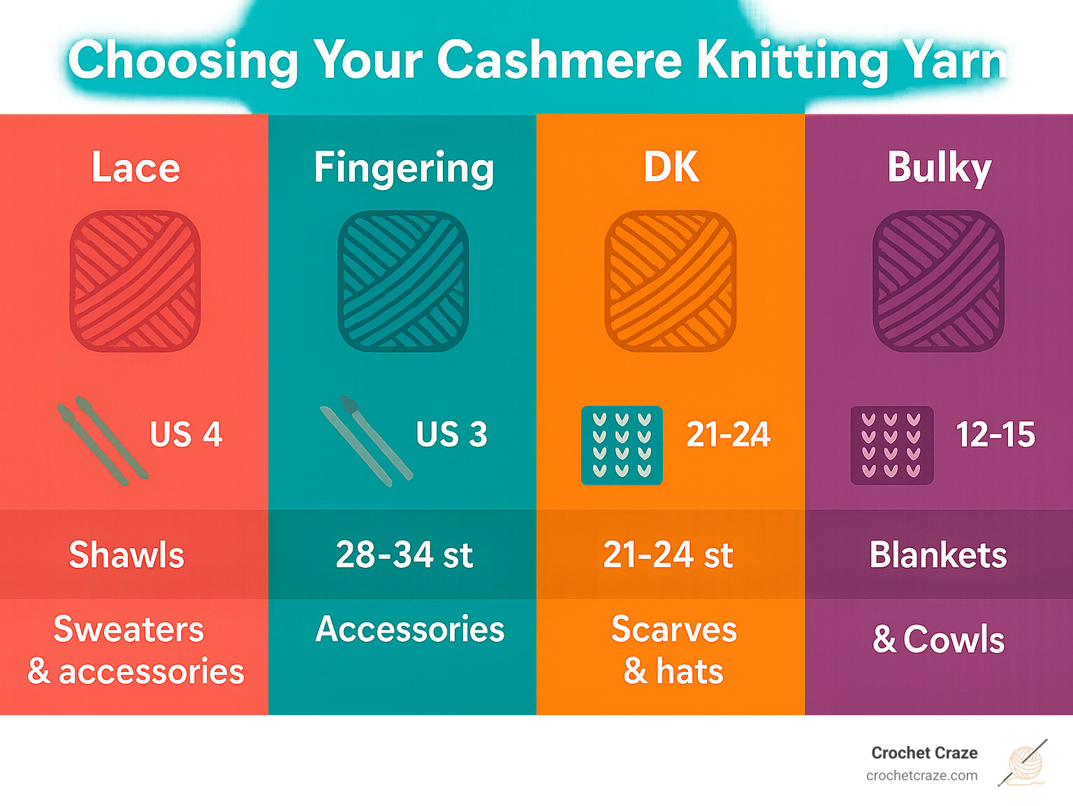 Infographic comparing cashmere yarn weights, showing needle sizes, gauge, and typical project types for each weight category - cashmere knitting yarn infographic