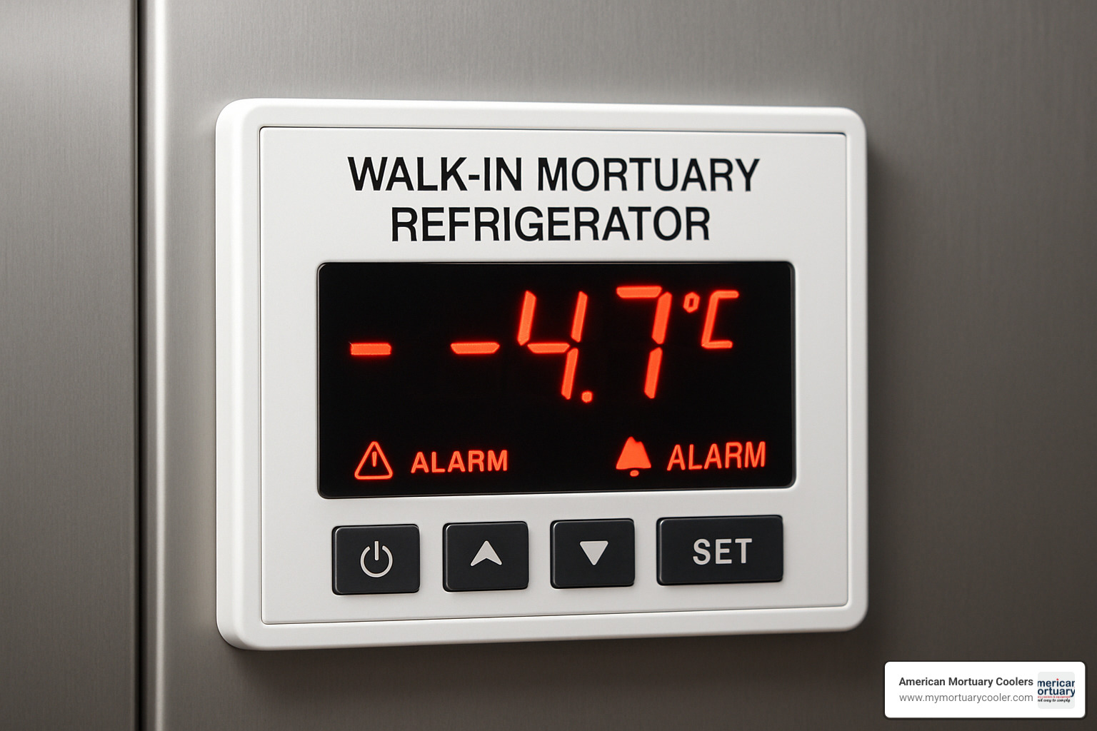 Digital control panel with temperature display and alarm system - walk in mortuary refrigerator