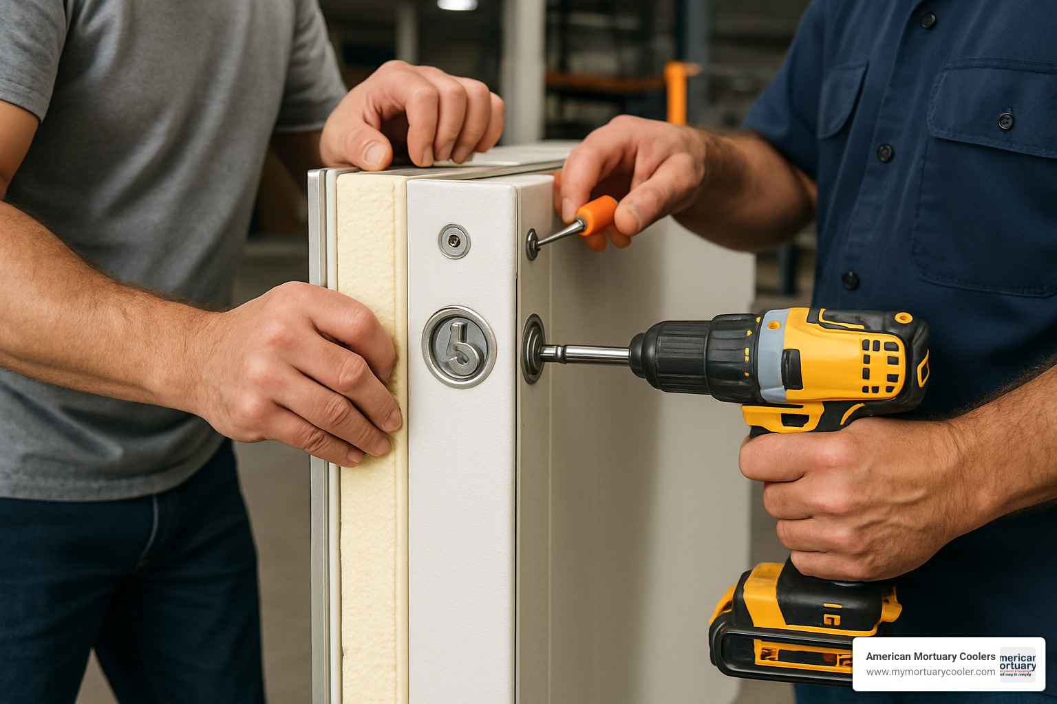 Panel assembly process showing cam-lock connections - walk in mortuary refrigerator