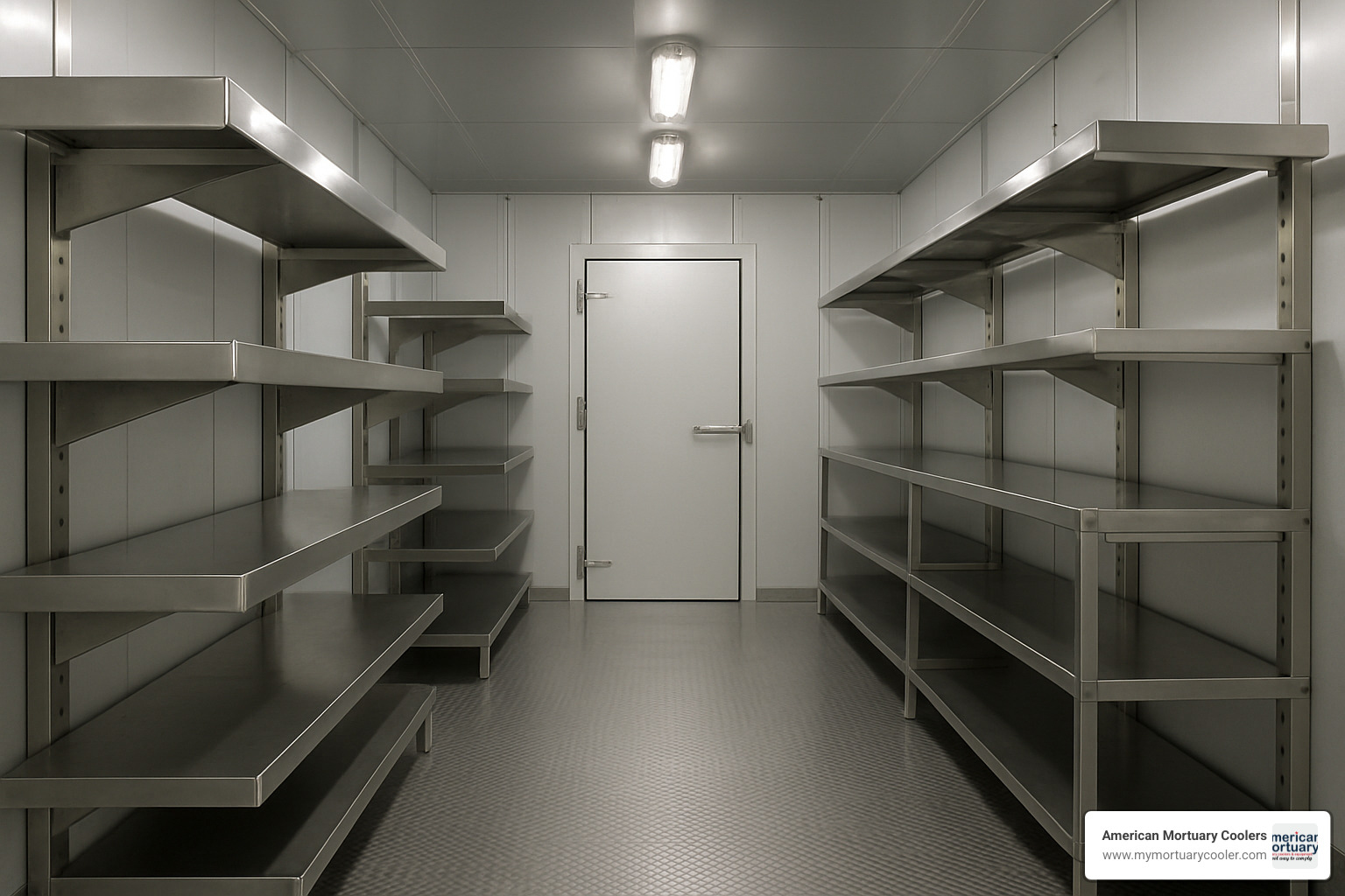 Custom rack layout showing cantilever and tiered systems in walk-in mortuary refrigerator - walk in mortuary refrigerator