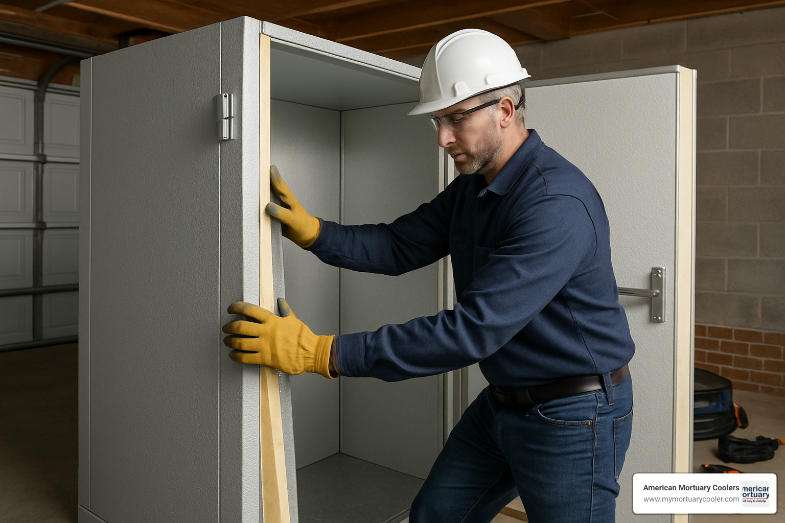 Professional installer working on walk-in fridge panel assembly with proper safety equipment - walk in fridge for home