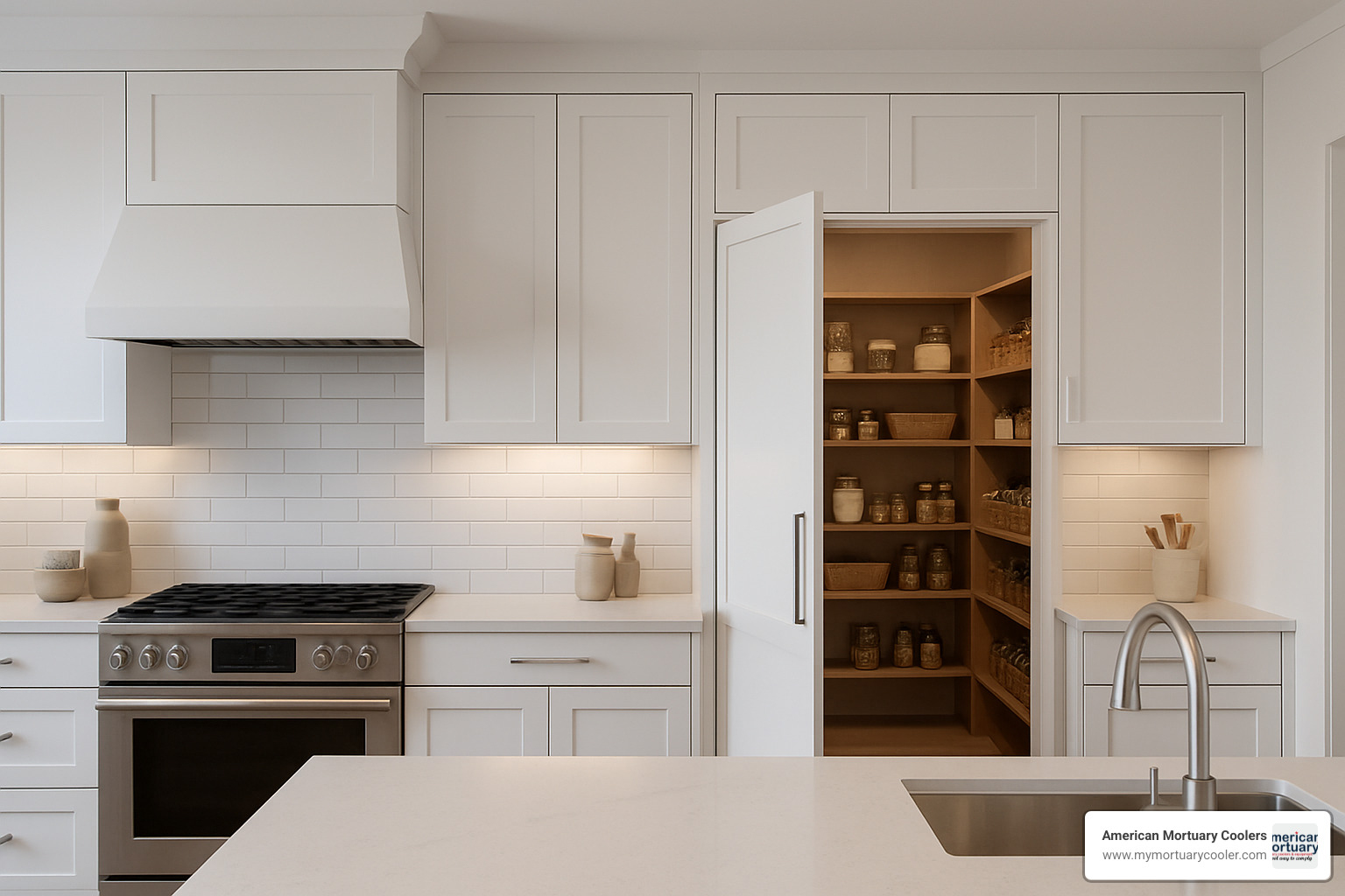 Modern kitchen with hidden walk-in pantry fridge seamlessly integrated behind cabinet doors - walk in fridge for home