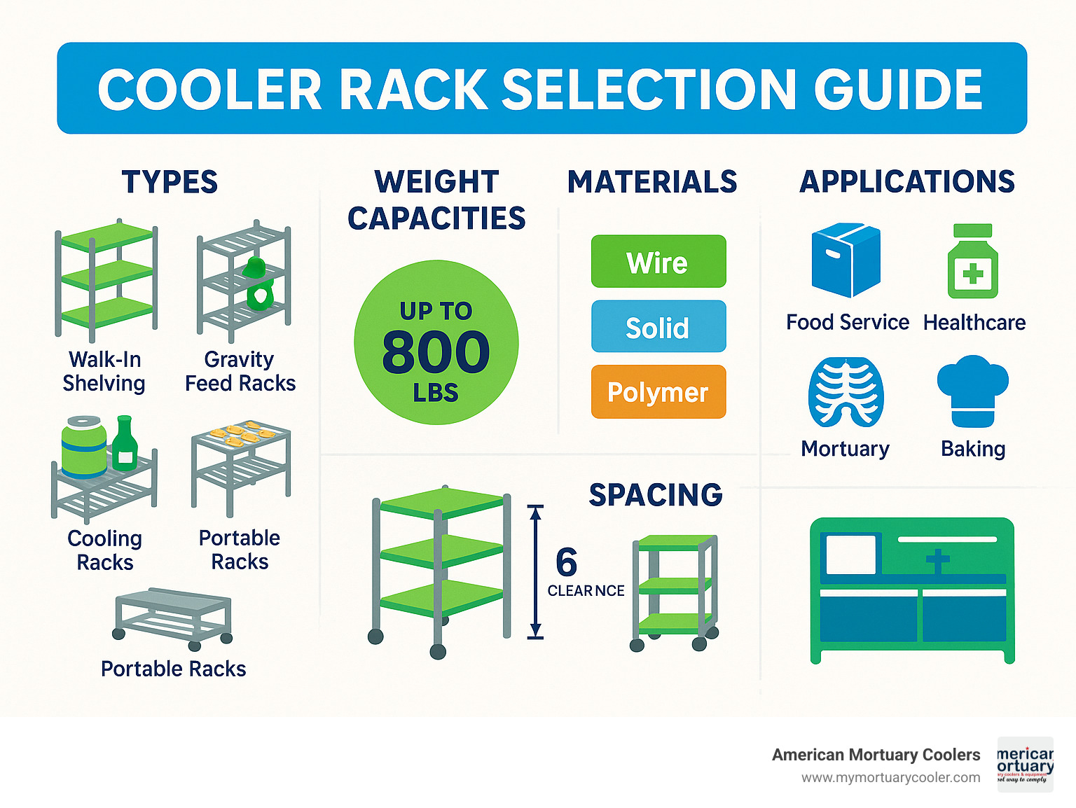 Comprehensive cooler rack selection guide showing different rack types, weight capacities, material options, spacing requirements, and industry-specific applications for walk-in coolers - cooler racks infographic 