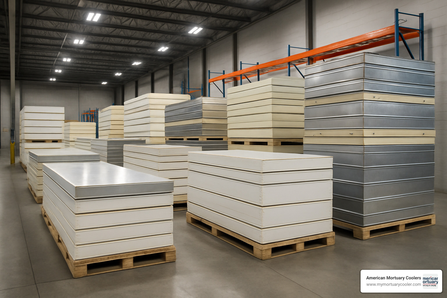 stacked inventory of freezer panels in warehouse - freezer panels for sale