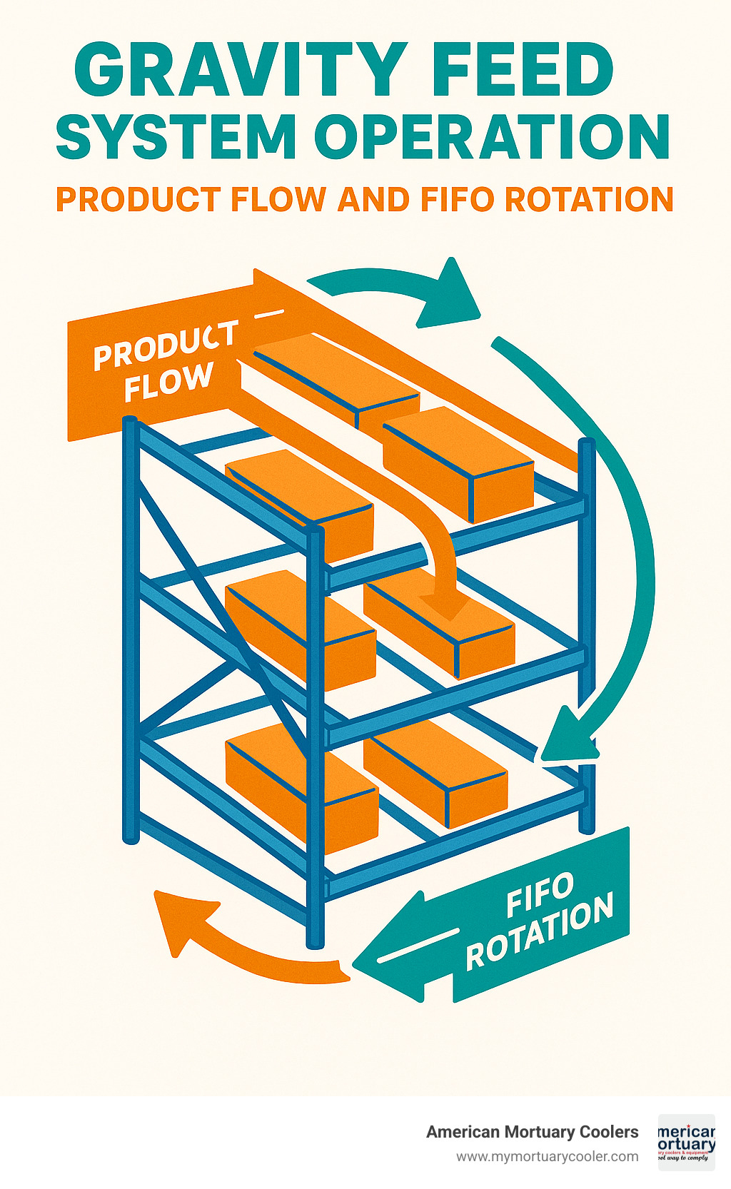 gravity feed system operation showing product flow and FIFO rotation - cooler racks infographic 