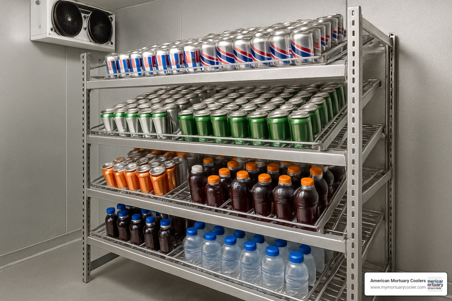 gravity feed rack system showing angled shelves - cooler racks