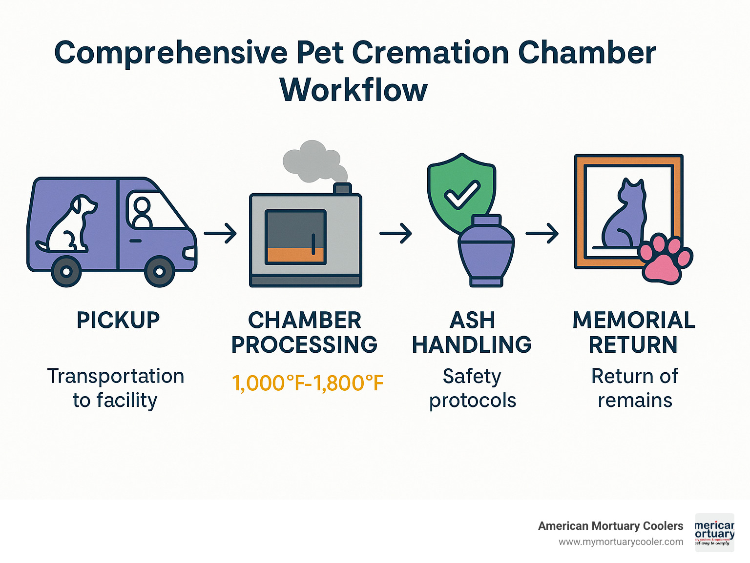 Comprehensive pet cremation chamber workflow showing pickup, chamber processing, ash handling, and memorial return process with temperature ranges and safety protocols - pet cremation chamber infographic  Comprehensive pet cremation chamber workflow showing pickup, chamber processing, ash handling, and memorial return process with temperature ranges and safety protocols - pet cremation chamber infographic