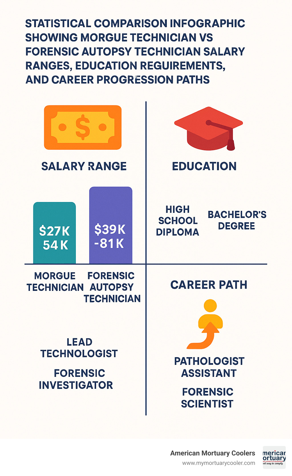 Statistical comparison infographic showing morgue technician vs forensic autopsy technician salary ranges, education requirements, and career progression paths - morgue technician infographic 