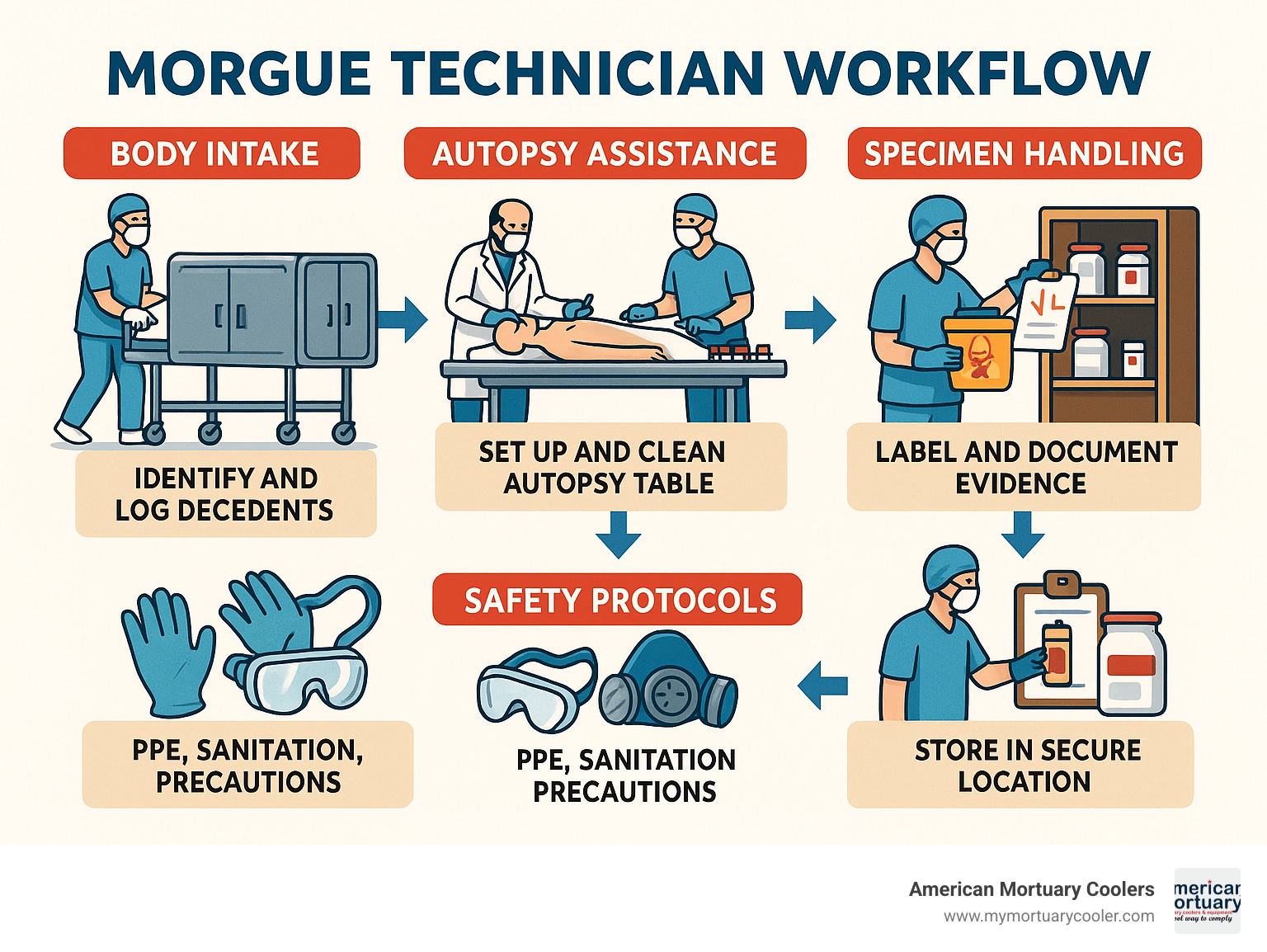 Comprehensive infographic showing morgue technician workflow from body intake through autopsy assistance to specimen storage, including required equipment like mortuary coolers, autopsy tables, and safety protocols - morgue technician infographic 