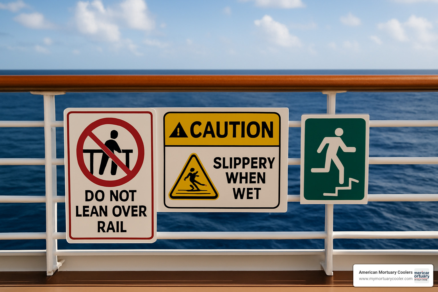 Safety rail signage and warning signs commonly found on cruise ship decks - death on carnival dream