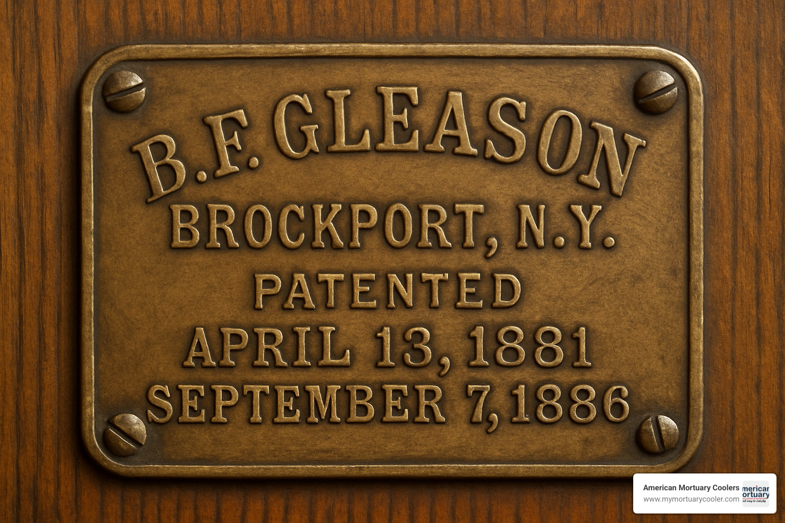 Close-up of B.F. Gleason patent plaque showing dates April 13, 1881 and September 7, 1886 - antique cooling table