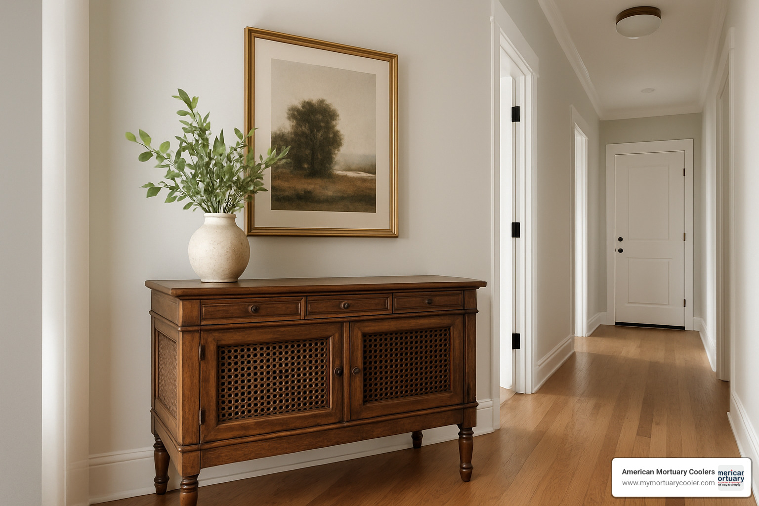 Antique cooling table repurposed as an neat hallway console table in a modern home setting - antique cooling table