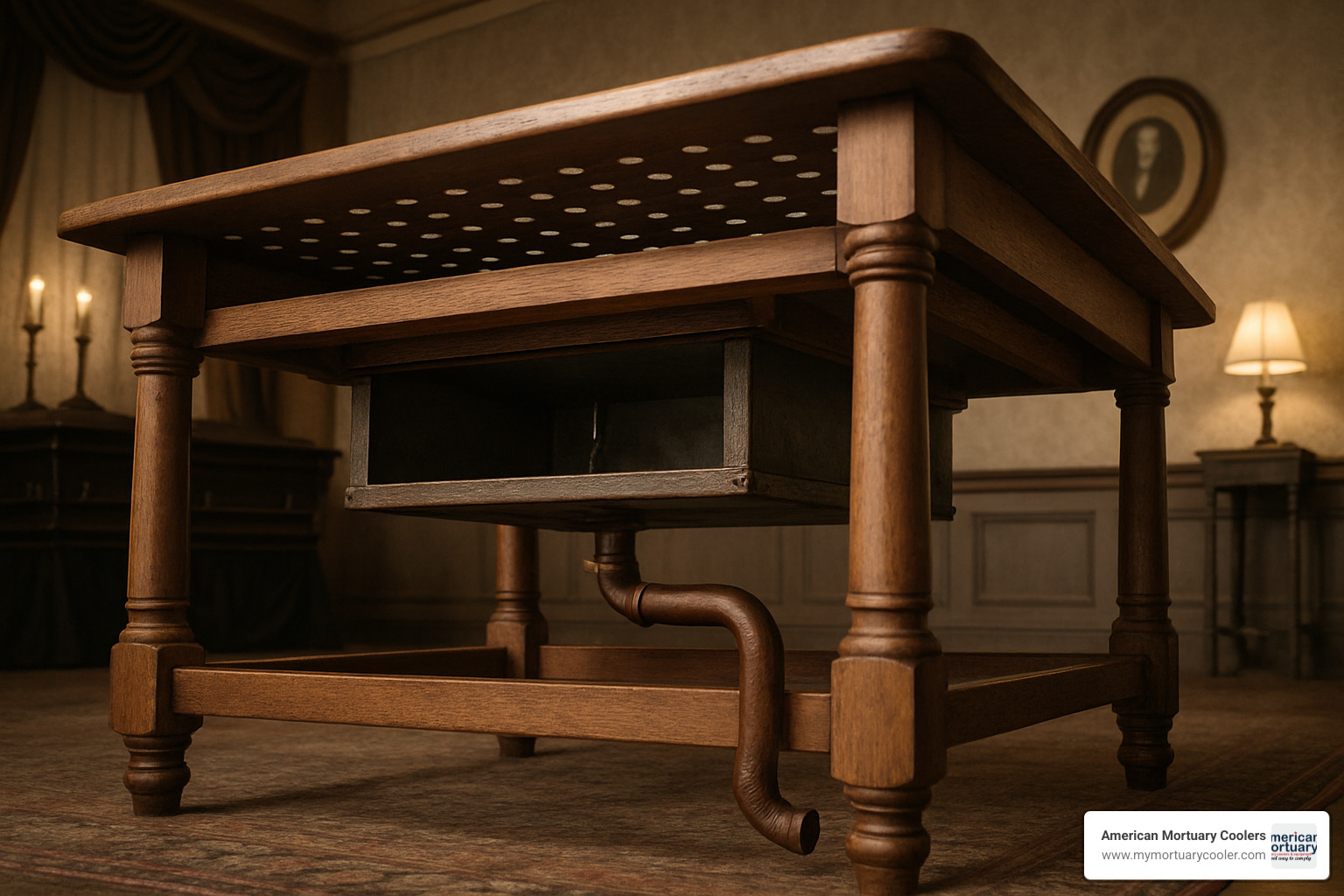 Underside view of cooling table showing ice shelf compartment and drainage system - antique cooling table