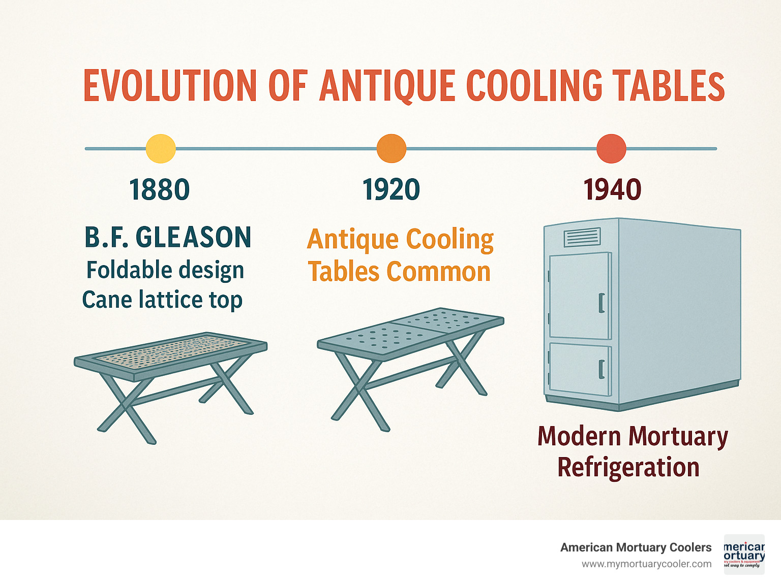 Timeline showing evolution of antique cooling tables from 1880-1940, including key manufacturers like B.F. Gleason, design features such as folding mechanisms and cane lattice tops, and transition to modern mortuary refrigeration - antique cooling table infographic 