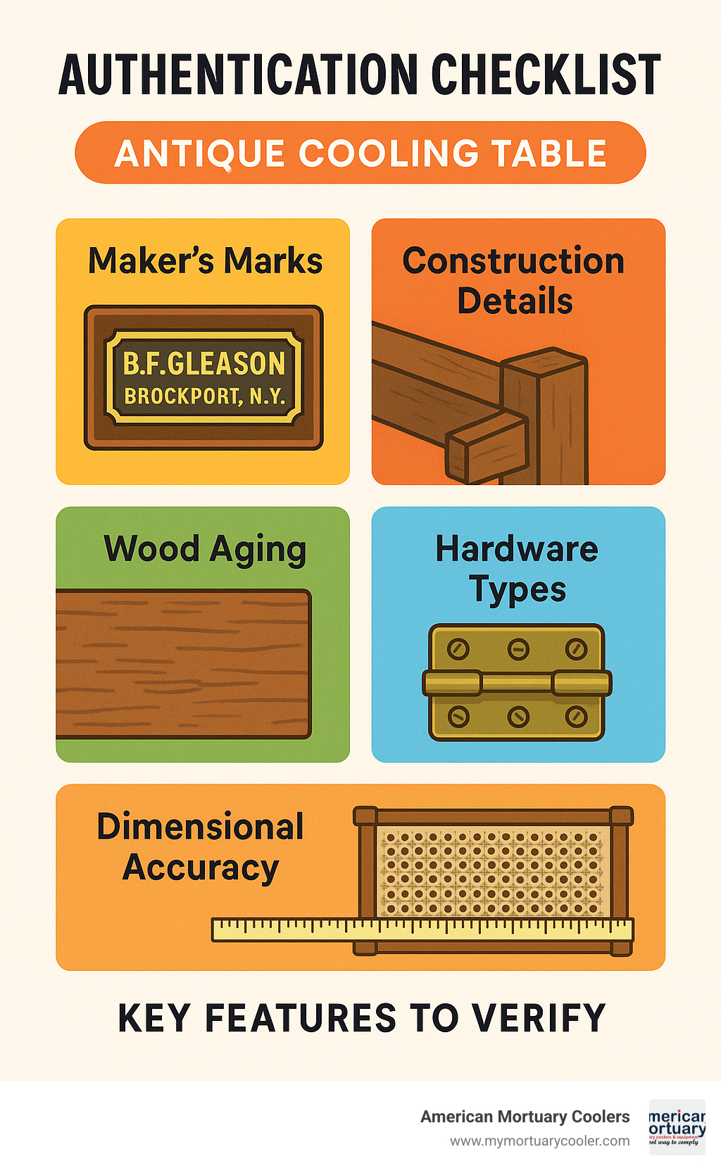 Authentication checklist showing key features to verify: maker's marks, construction details, wood aging, hardware types, and dimensional accuracy - antique cooling table infographic 