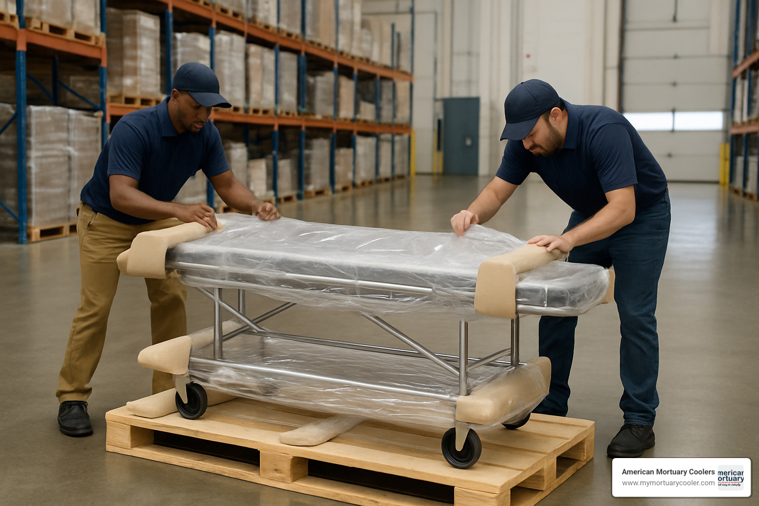 mortuary equipment being professionally packaged for shipping - used funeral equipment