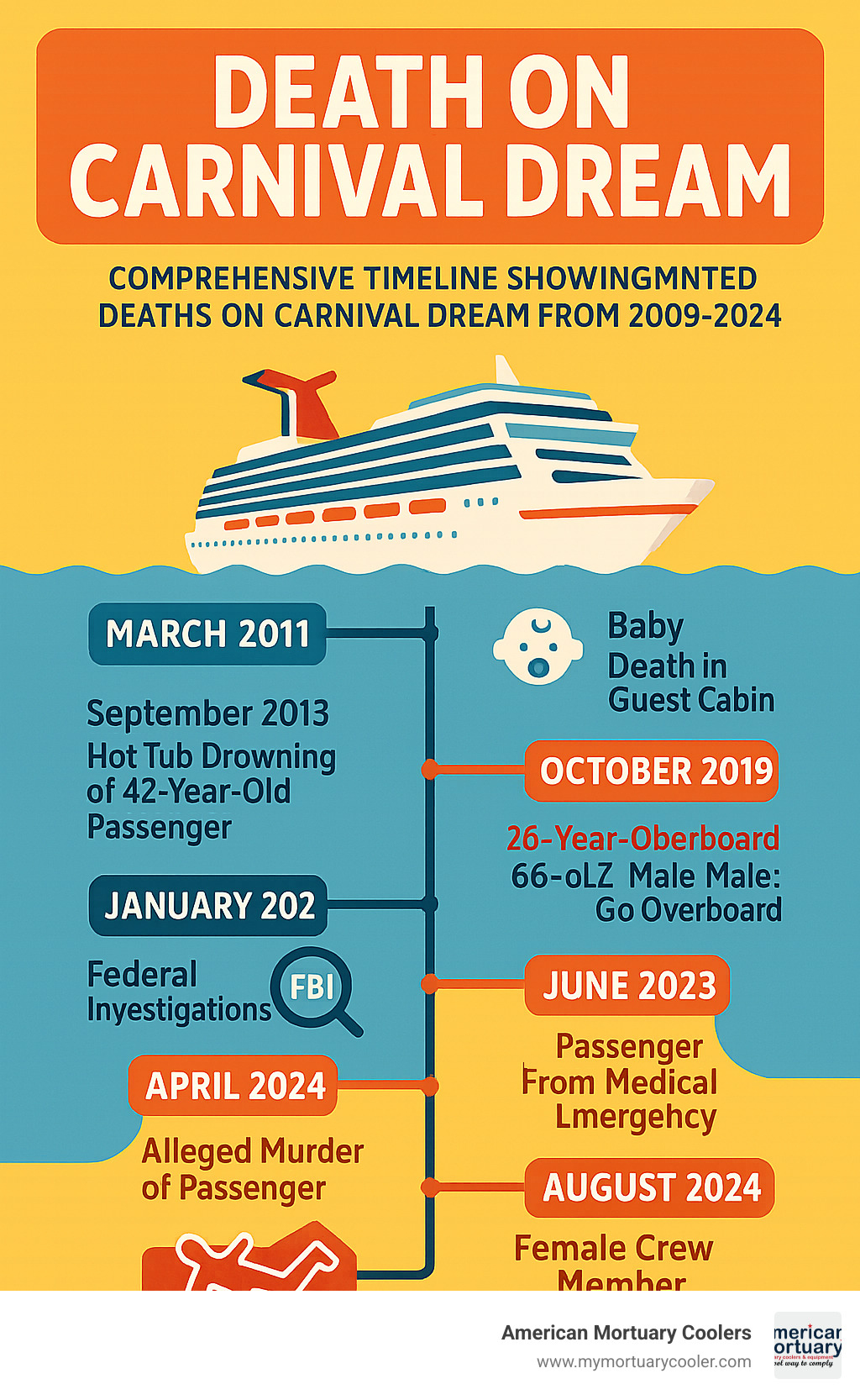 Comprehensive timeline showing documented deaths on Carnival Dream from 2009-2024 including overboard incidents, medical emergencies, suspicious deaths, and federal investigations with specific dates and circumstances - death on carnival dream infographic 