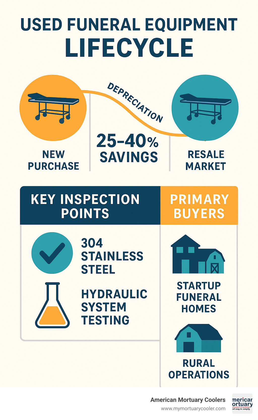 Infographic showing used funeral equipment lifecycle from new purchase through depreciation curve to resale market, highlighting 25-40% savings potential, key inspection points including 304 stainless steel verification and hydraulic system testing, and primary buyer categories including startup funeral homes and rural operations - used funeral equipment infographic 