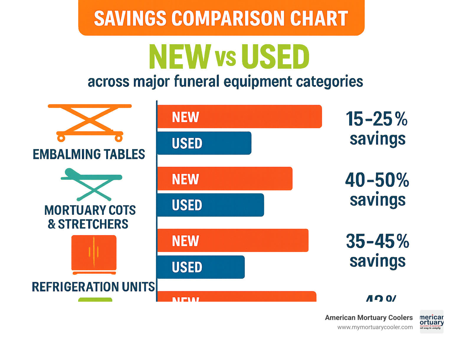 savings comparison chart showing new vs used prices across major funeral equipment categories - used funeral equipment infographic 