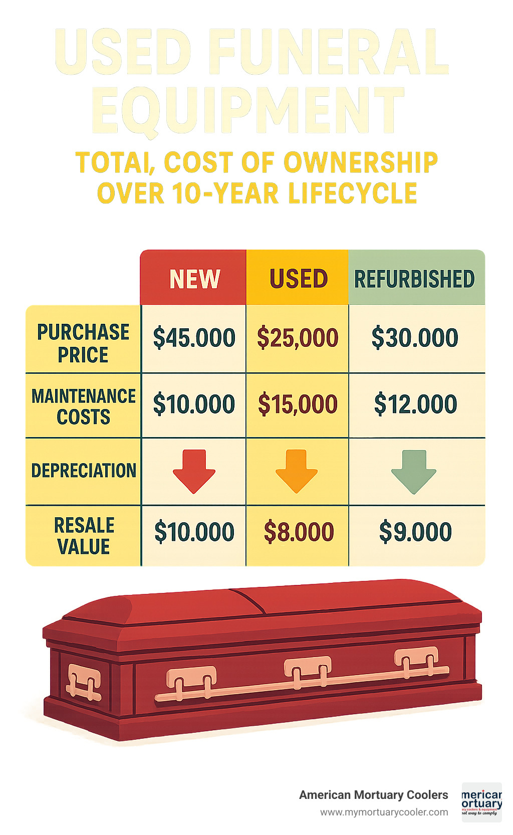 comparison table showing total cost of ownership for new vs used vs refurbished funeral equipment over 10-year lifecycle including purchase price, maintenance costs, depreciation, and resale value - used funeral equipment infographic 