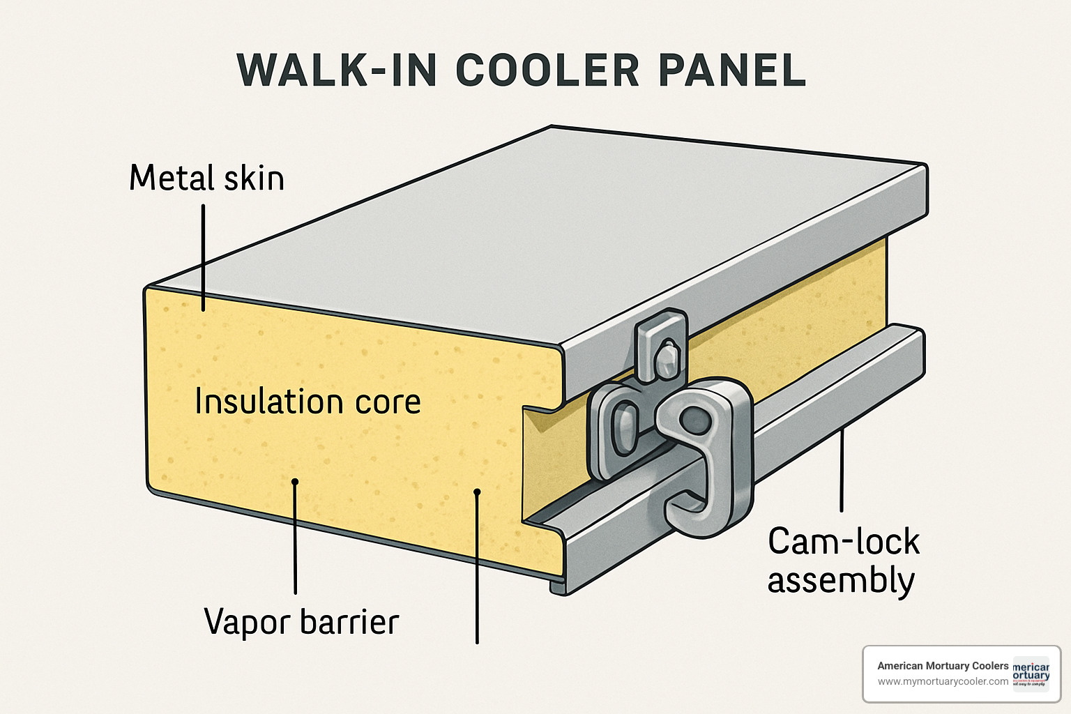 Panel cross-section showing layers of metal skin, insulation core, and vapor barriers with detailed callouts of cam-lock assembly system - walk in cooler quotes