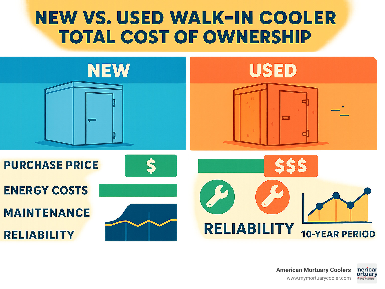Statistical infographic comparing new vs used walk-in cooler total cost of ownership over 10 years including purchase price, energy costs, maintenance expenses, and reliability factors - walk in cooler quotes infographic 