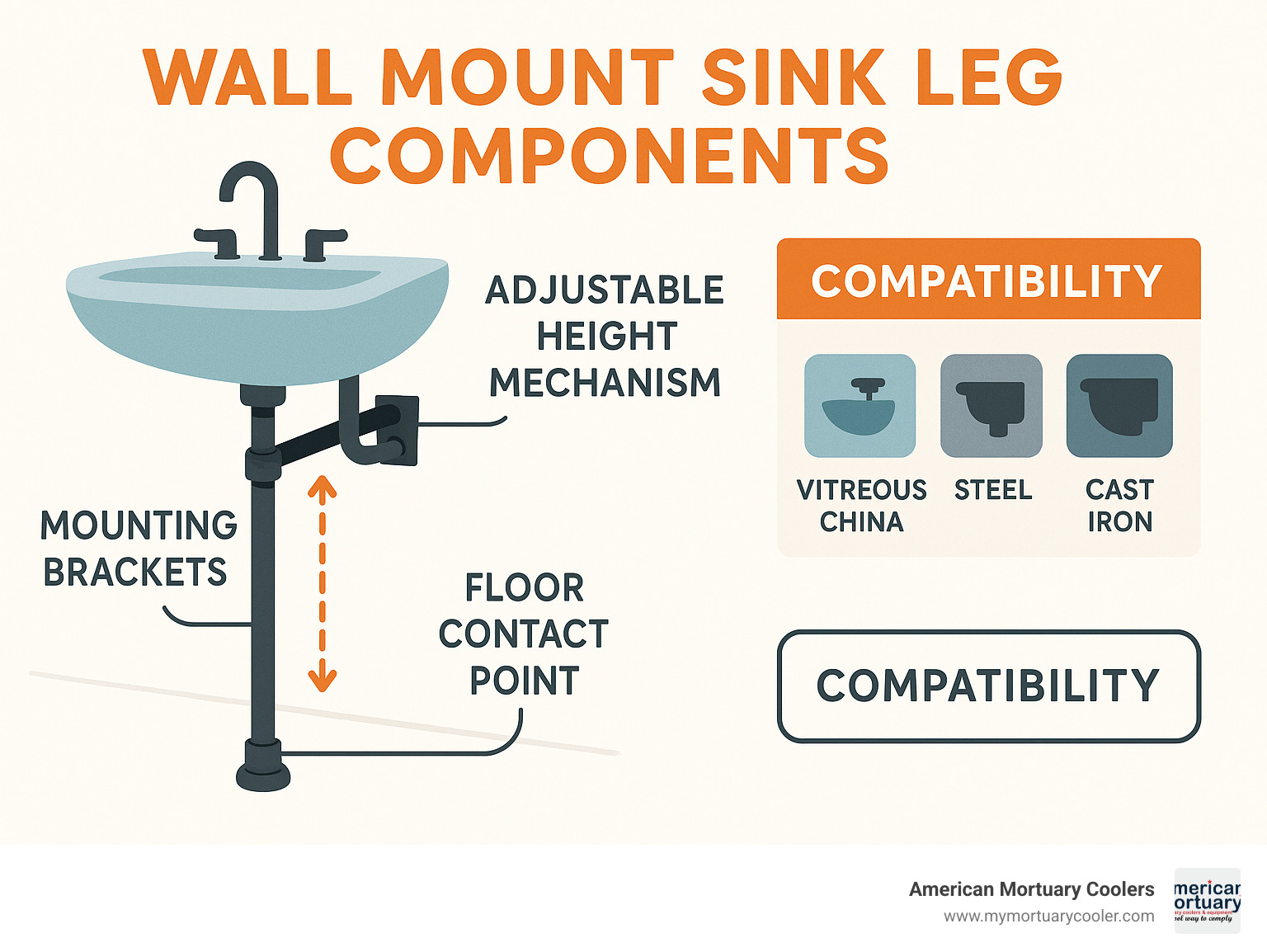 Infographic showing wall mount sink leg components including adjustable height mechanism, mounting brackets, floor contact points, and compatibility with different sink materials like vitreous china, steel, and cast iron - wall mount sink legs infographic 