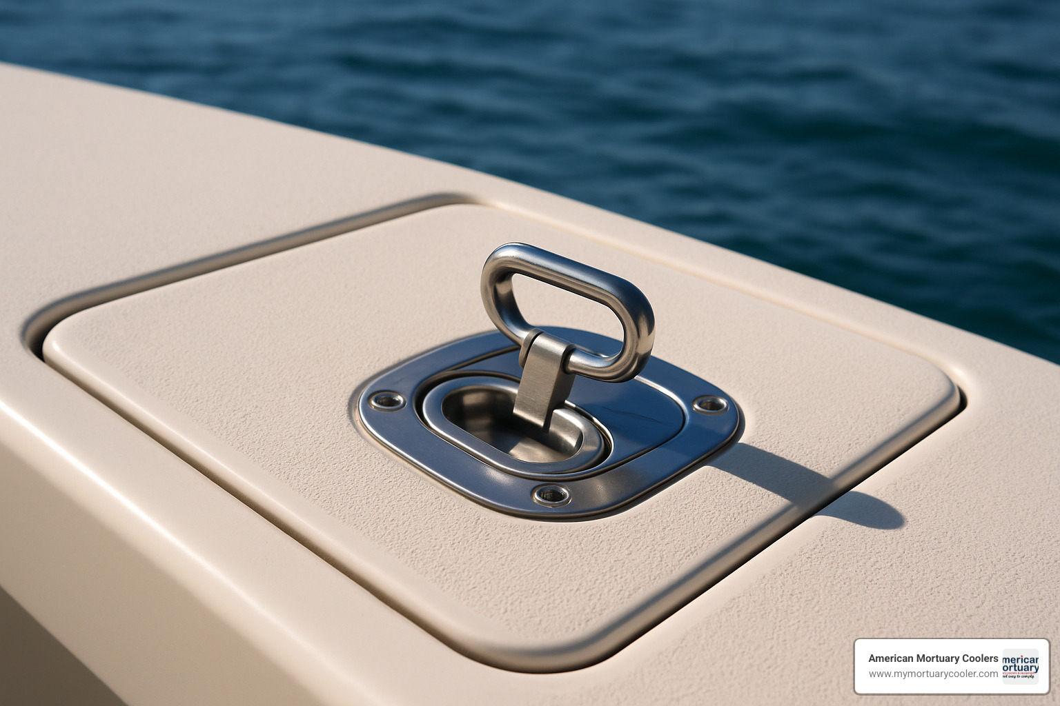 Marine hatch with flush-mounted stainless steel lift handle in operational position - lift handles