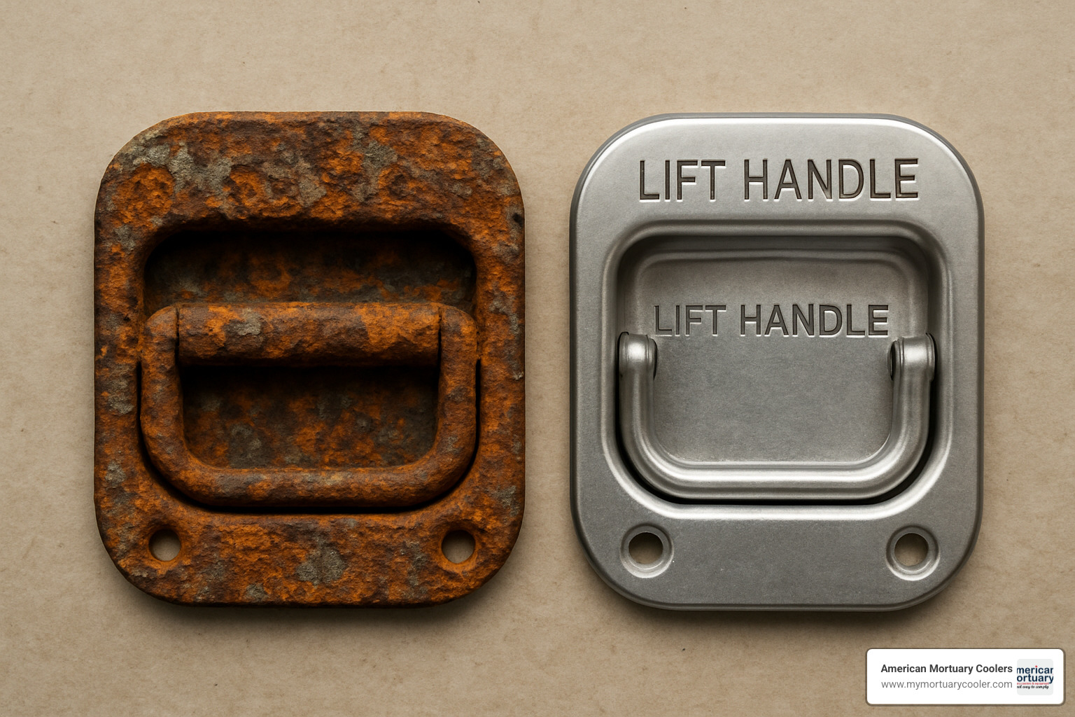 Side-by-side comparison of corroded lift handle versus new replacement showing deterioration patterns - lift handles