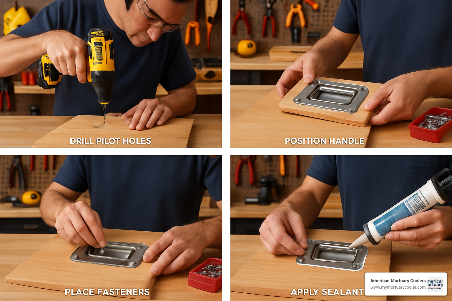 Flush-mount lift handle installation showing proper pilot hole drilling, fastener placement, and sealant application - lift handles