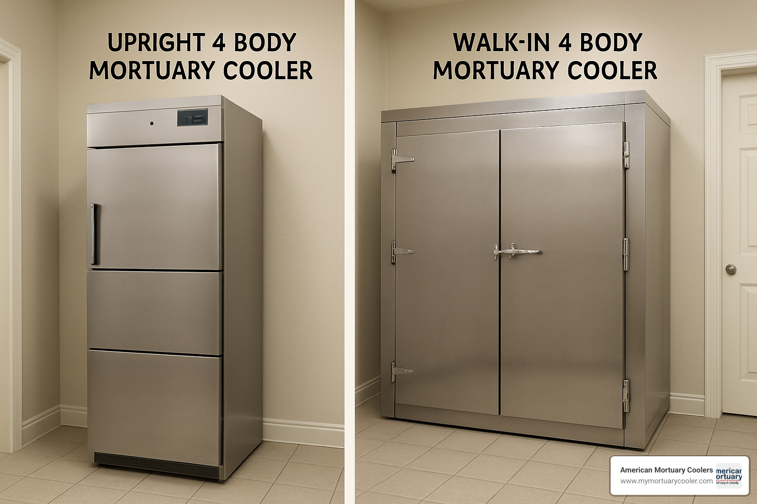 Comparison of upright versus walk-in 4 body cooler models - 4 body cooler for funeral homes