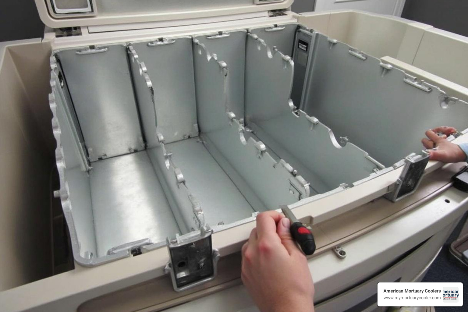 Detailed view of cam-lock panel assembly system - 4 body cooler for funeral homes