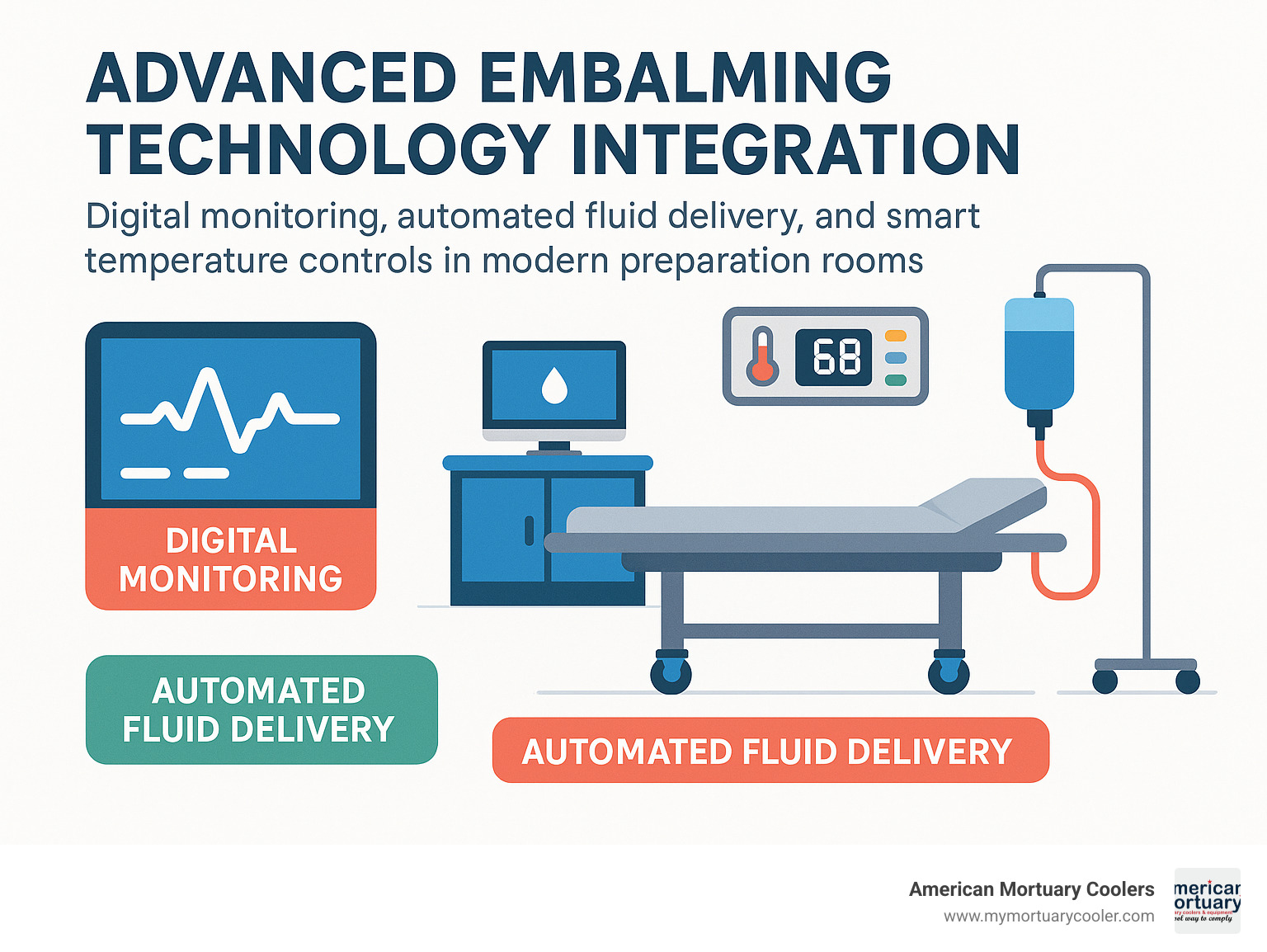 Advanced embalming technology integration showing digital monitoring, automated fluid delivery, and smart temperature controls in modern preparation rooms - Affordable Funeral Supplies & Mortuary Equipment infographic 