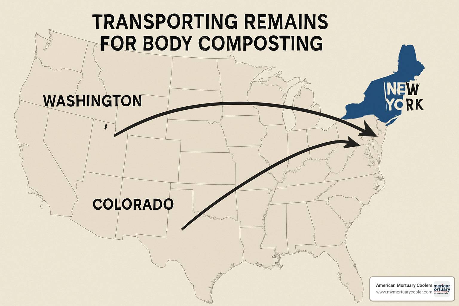 map showing transport routes from New York to composting facilities - body composting new york