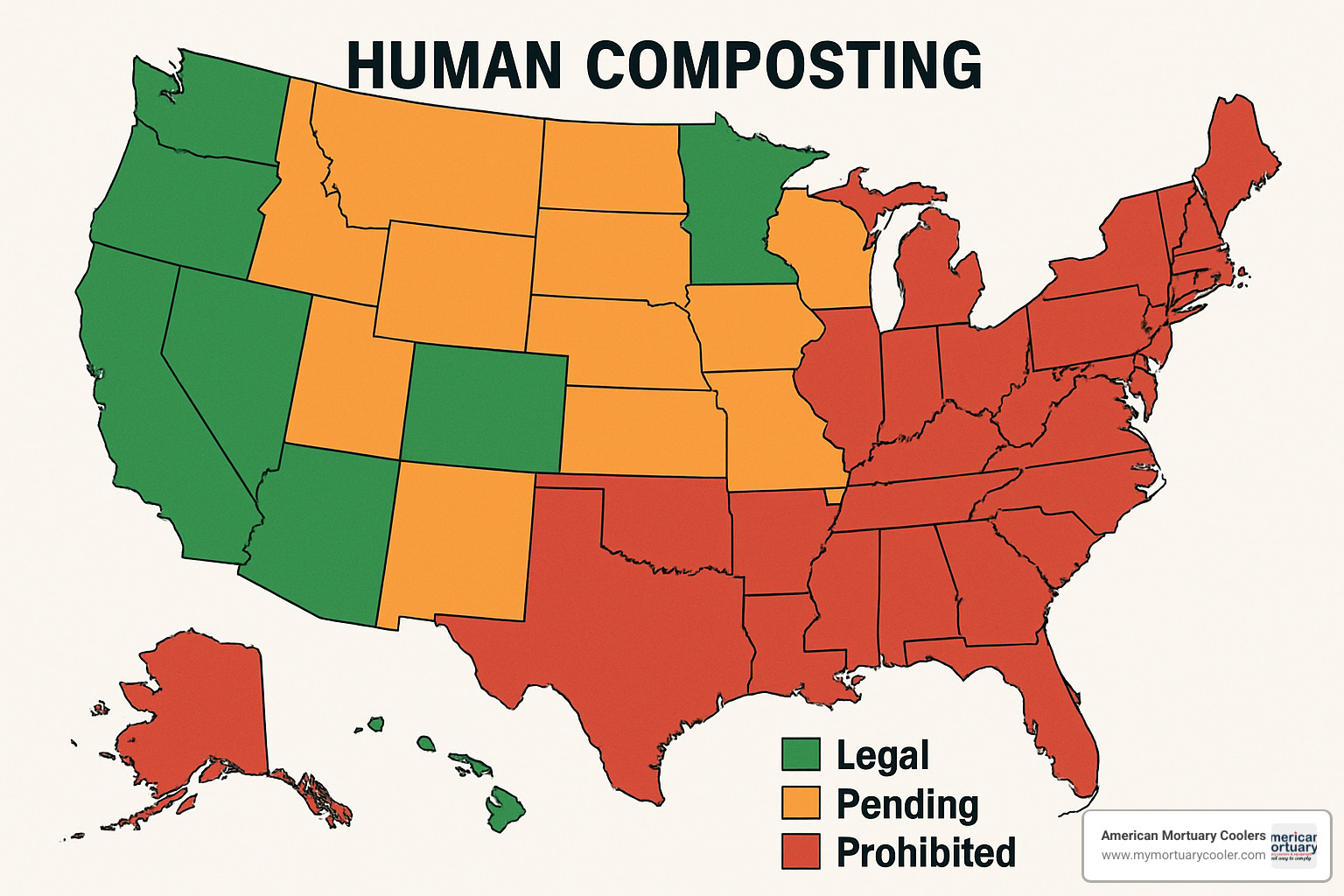 Map of the United States showing states where human composting is legal, pending, or prohibited - body composting process