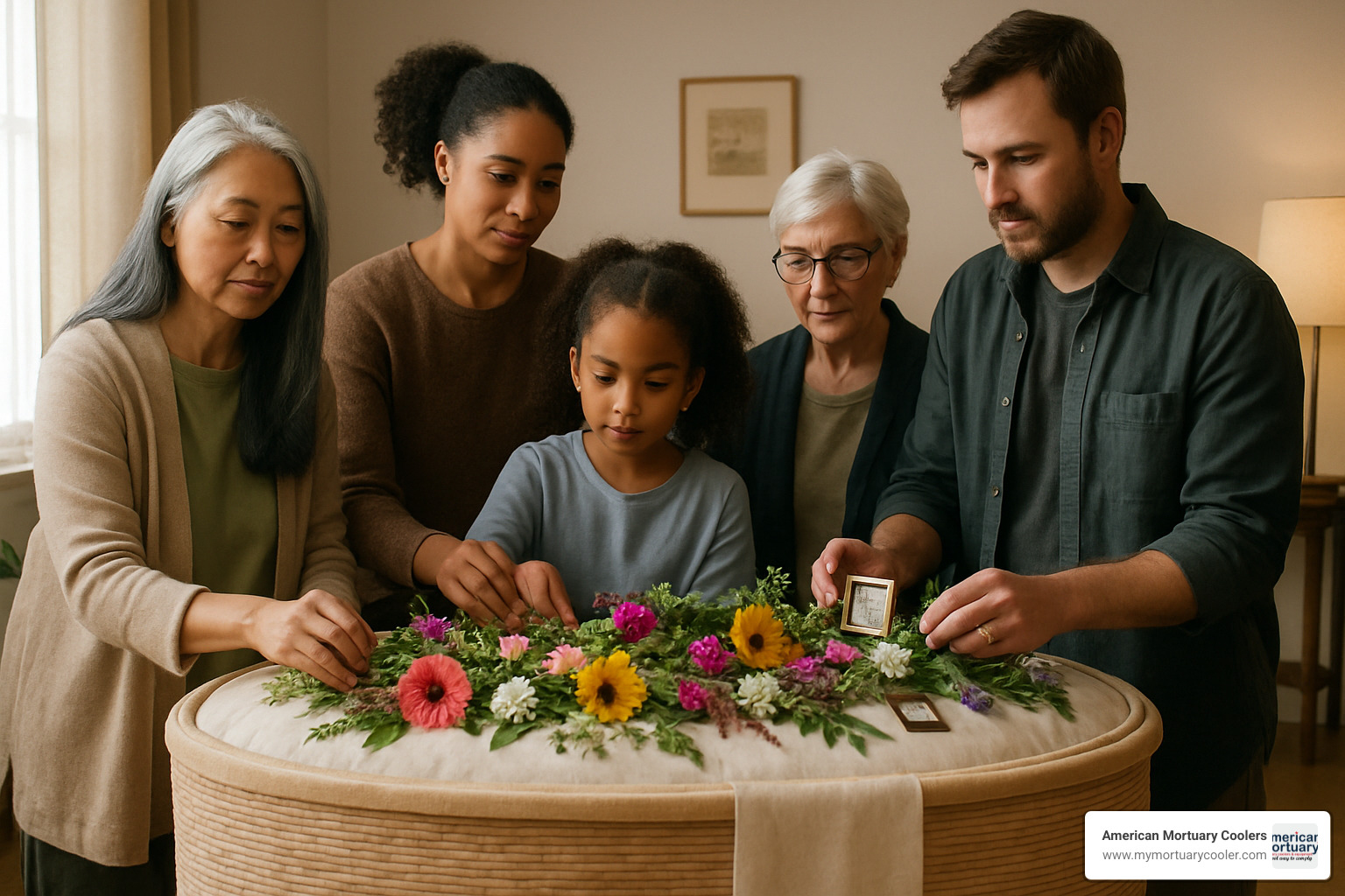 Family members participating in a laying-in ceremony, decorating a composting vessel with flowers and personal mementos - body composting process
